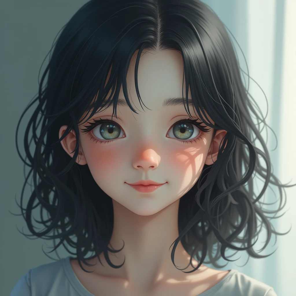 Pale boy of about , black long hair, light eyes. Smile 
