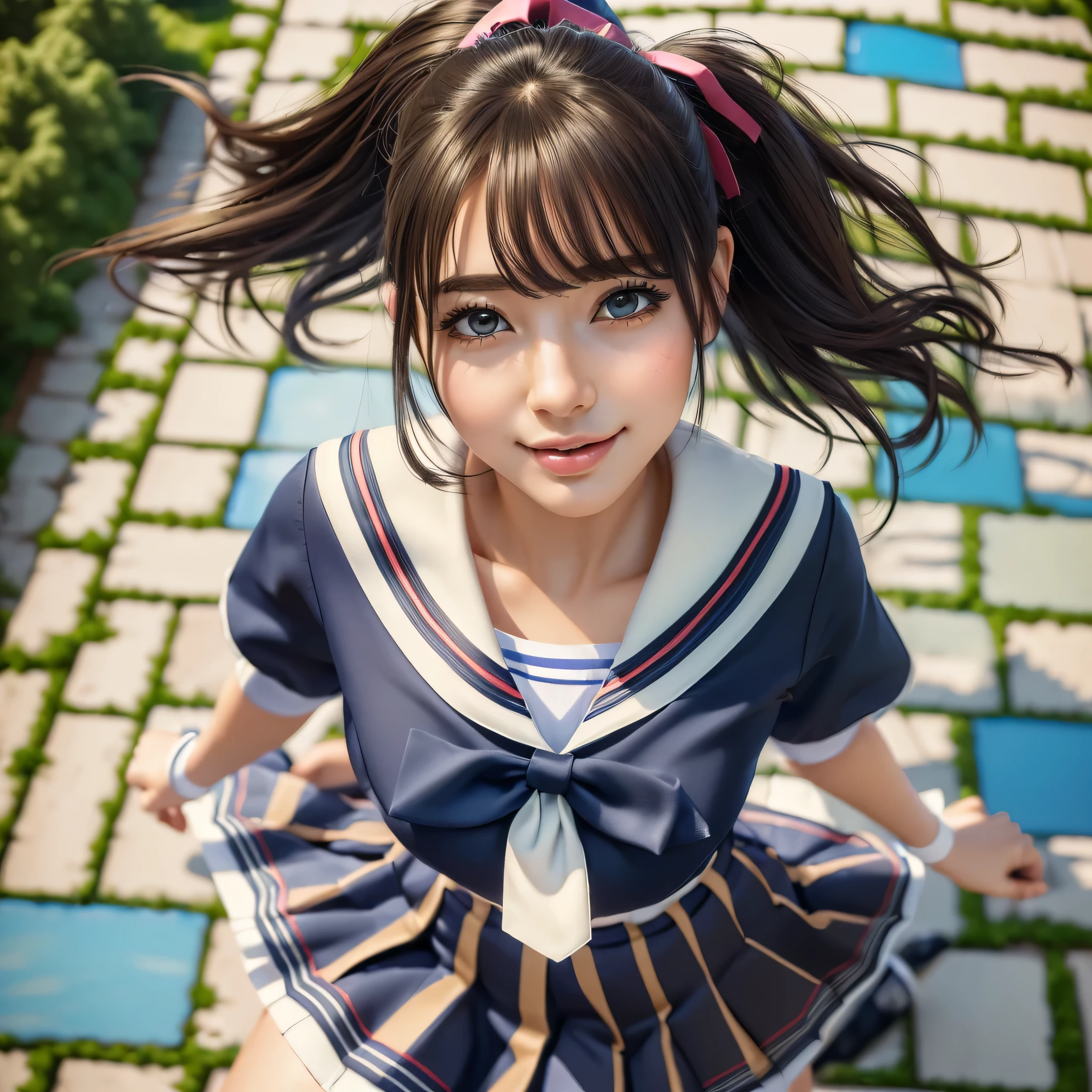 (best quality, masterpiece:1.5), (ultra-detailed, realistic:1.37),4K,(woman:1.5),cute,beautiful,(school uniform:1.2),(skirt),(big breast),(ponytale),(high socks),jumping wind,from above,