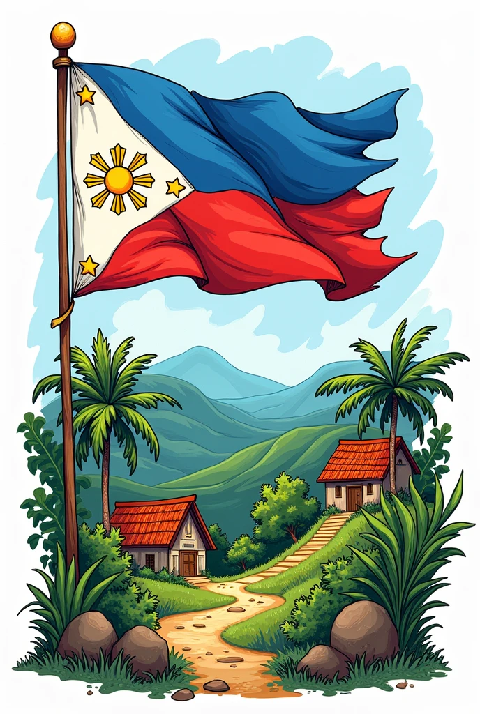 Make a doodle art philipines flag, inside of the Philippines flag have a different Filipino values, landscape the drawing