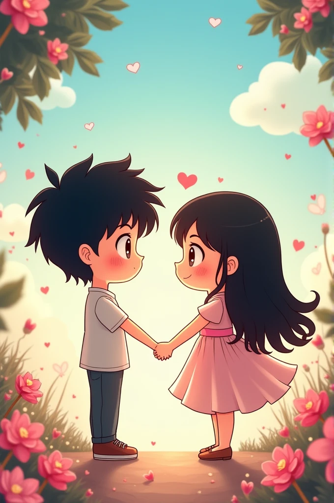 Create a manga for two chibi characters, A black-haired man and woman are holding hands