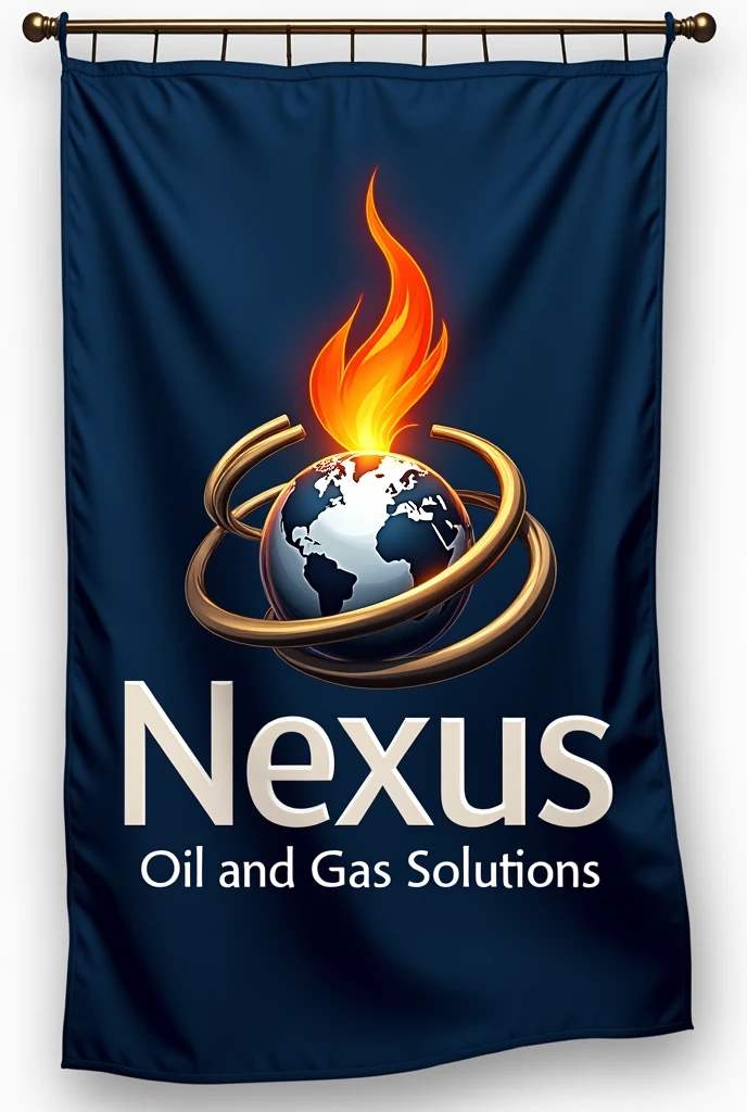 The flag for Nexus Oil and Gas Solutions exudes prestige and complexity, reflecting the stature of a multi-trillion-dollar company. The base of the flag is a deep navy blue, symbolizing trust, stability, and authority. At the center of the flag is a metallic silver globe, representing the company's global reach and influence in the oil and gas industry. Curving around the globe are sleek, golden pipelines, signifying the flow of energy and connectivity that the company provides across the world. Above the globe, there is a powerful, stylized flame in vibrant orange-red, symbolizing the core essence of energy and the dynamic nature of the oil and gas sector. The company name, "Nexus Oil and Gas Solutions," is prominently displayed in bold, white lettering, adding to the flag's commanding presence. The design is sophisticated, capturing the essence of a leading energy corporation.I want it to appear like a tailored flag 