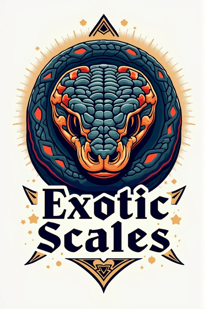 Create a logo for a snake farm using the real face of a python snake detailed with the basic elements of a python's face. The logo should have bright colors and an allusion to Freemasonry. The python snake should be characteristic and below the logo put the name. " Exotic scales"