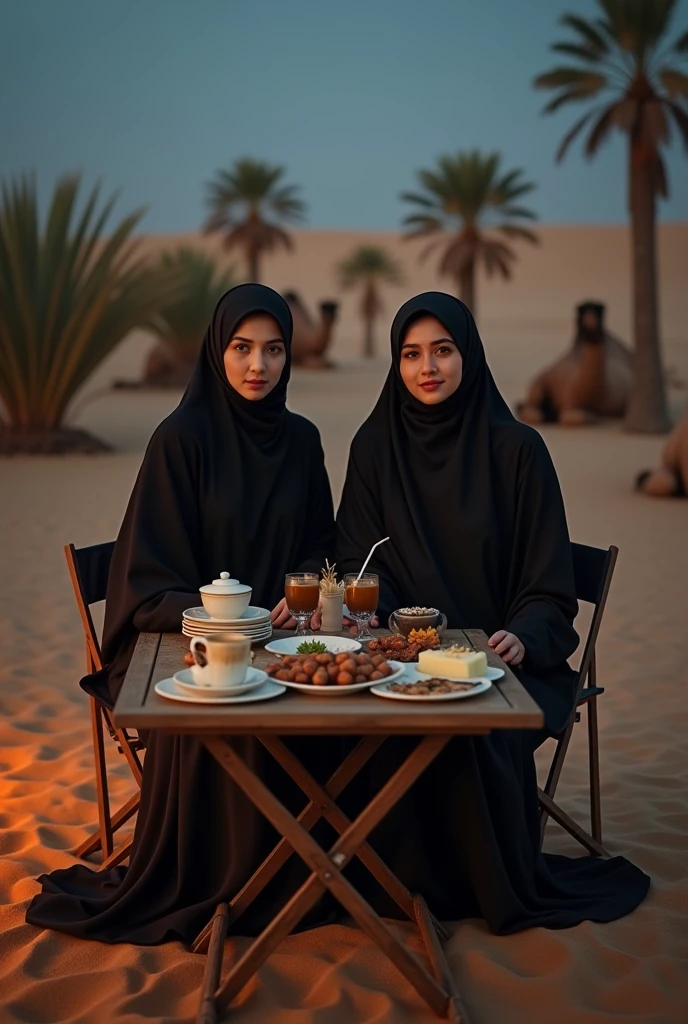 (photorealism:1.2), professional portrait, four asian women wearing gold hijab, sitting on folding chairs, folding table, lots of food and coffee, desert background, date palms,camel, afternoon