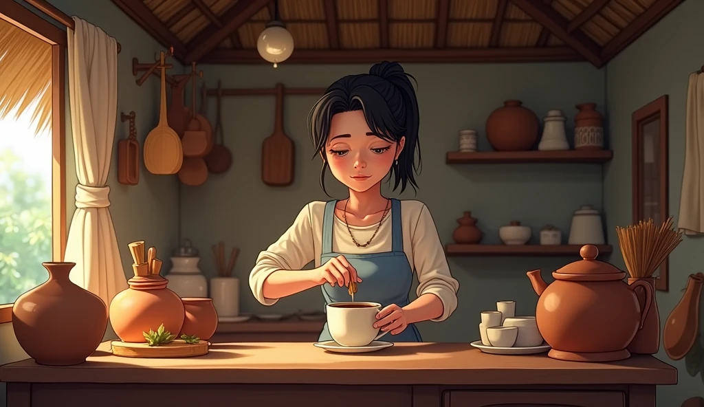 A cozy, traditional house with a thatched roof and a warm interior. Manee is seen in her kitchen, carefully preparing coffee. The kitchen is simple, with clay pots and wooden utensils. Manee’s face shows concentration and care as she stirs the coffee.