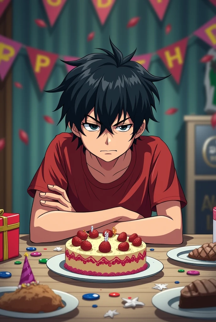 older teenage boy with black messy hair,of irritated expression,sitting at a birthday table,anime style