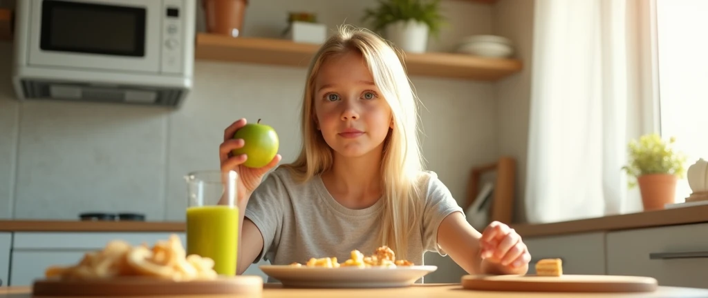 a young pretty North American gir, straight blond hair, sitting in the kitchen dining table. relaxing enjoy dining time. there is bright and clean kitchen. girl wearing normal t-shirt, free and easy. The girl left hand holding green apple while right hand is pushing the junk food on the table away. realistic image, HD 16:9