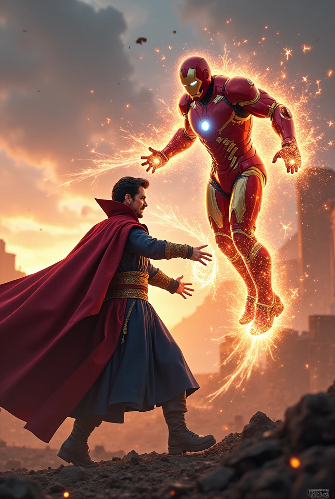 Generate me doctor strange vs iron man background in avengers end game