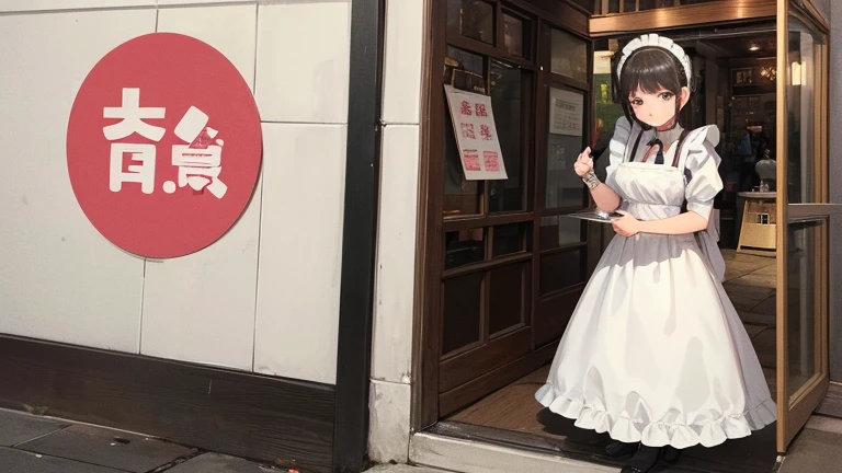 A woman in a maid outfit、Please draw an illustration of a maid welcoming customers at the entrance of a maid cafe.。The woman is bowing with the hem of her apron slightly raised.、It expresses a scene that conveys a warm atmosphere.。In the background、You can see the maid cafe logo and signs.。