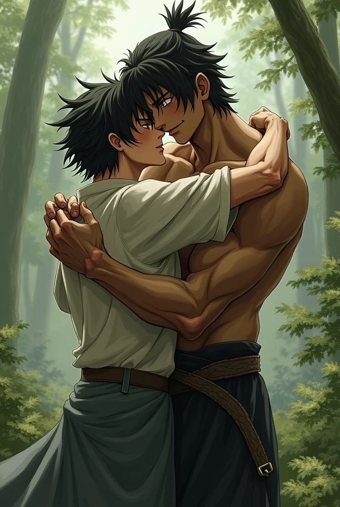 Tanjiro Kamado and Giyuu Tomioka giving each other a Romantic hug