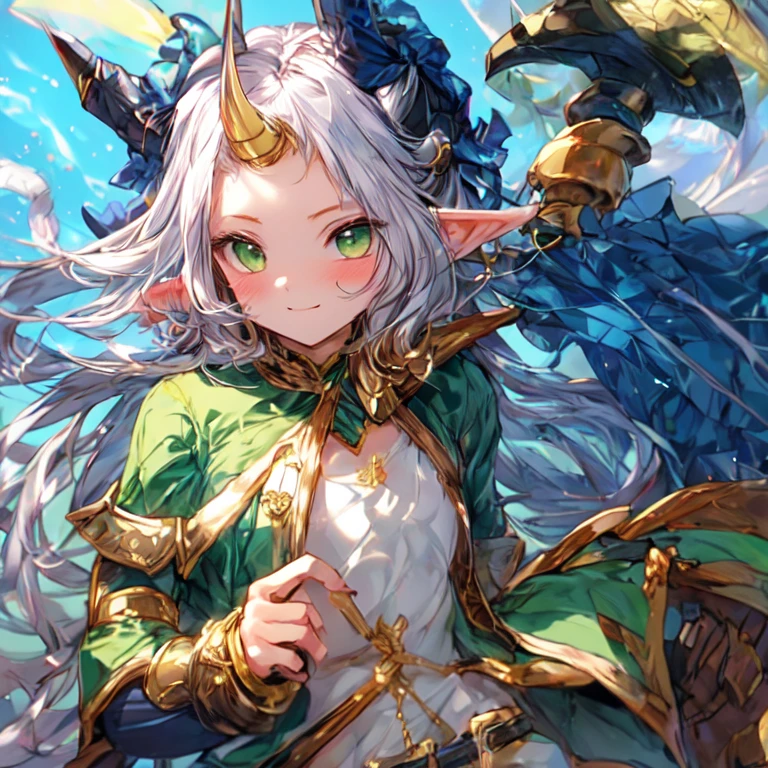 Beautiful elf lolka with small horns, long silver hair, and green eyes, medium chest, and a two-handed hammer UHD, textured skin, super detail, high details, high quality,
