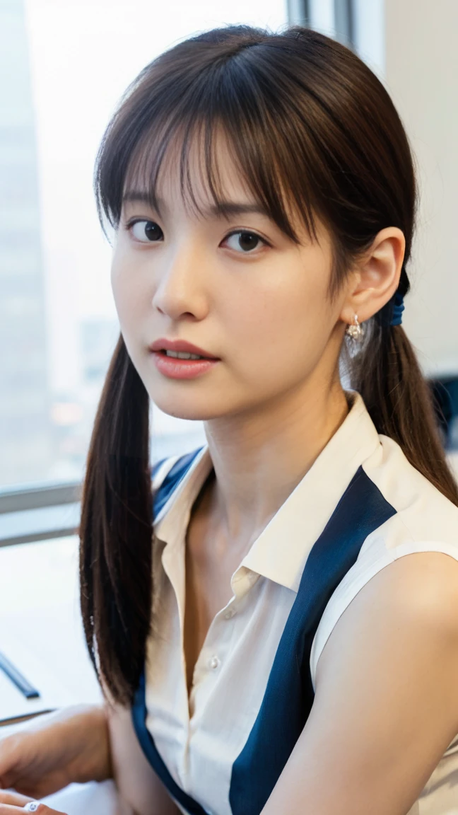 (top-quality, 16K, masterpiece:1.3), (ultra detailed), (masterpiece), (best quality), Highest quality, Realistic, Surreal, Highest quality, Extremely detailed CG, Very delicate, 16K wallpaper, High resolution, BREAK ((Silky hair)), ((medium Hair:1.5)), ((Low ponytail:1.5)), (hime style:1.2), (hime cut:1.2), ((asymmetrical bangs)), (a woman in a management position at a prestigious company), ((solo)), ((8 heads tall)), ((38歳)), BREAK ((upper body:1.4)), ((look into the viewer's eyes:1.5)), ((looking at viewer:1.4)), ((Front view:1.5)), ((from front:1.5)), BREAK ((mole, beauty mark:1.2)), short arms, ((small eyes)), fleeting atmosphere, ((thin eyebrows:1.4)), ((thin lips:1.5)), (embarrassed, blush), ((orgasm:1.4)), ((ecstasy:1.5)), (slut:1.2), (fucked silly:1.2), BREAK (very beautiful woman), ((UNTITLED business suit:1.5)), ((Very simple necklace)), ((earrings)), ((With a large window Japanese office)), ((Working at desk:1.4)), Japanese, slender body, very detailed, detailed fingers, detailed hands, detailed eyes, detailed legs, accurate and perfect human anatomy, real human skin,