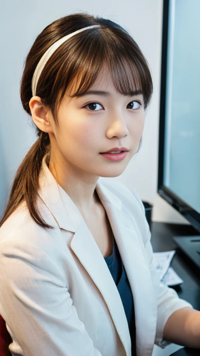 (top-quality, 16K, masterpiece:1.3), (ultra detailed), (masterpiece), (best quality), Highest quality, Realistic, Surreal, Highest quality, Extremely detailed CG, Very delicate, 16K wallpaper, High resolution, BREAK ((Silky hair)), ((medium Hair:1.5)), ((Low ponytail:1.5)), (hime style:1.2), (hime cut:1.2), ((asymmetrical bangs)), (a woman in a management position at a prestigious company), ((solo)), ((8 heads tall)), ((38歳)), BREAK ((upper body:1.4)), ((look into the viewer's eyes:1.5)), ((looking at viewer:1.4)), ((Front view:1.5)), ((from front:1.5)), BREAK ((mole, beauty mark:1.2)), short arms, ((small eyes)), fleeting atmosphere, ((thin eyebrows:1.4)), ((thin lips:1.5)), (embarrassed, blush), ((orgasm:1.4)), ((ecstasy:1.5)), (slut:1.2), (fucked silly:1.2), BREAK (very beautiful woman), ((UNTITLED business suit:1.5)), ((Very simple necklace)), ((earrings)), ((With a large window Japanese office)), ((Working at desk:1.4)), Japanese, slender body, very detailed, detailed fingers, detailed hands, detailed eyes, detailed legs, accurate and perfect human anatomy, real human skin,