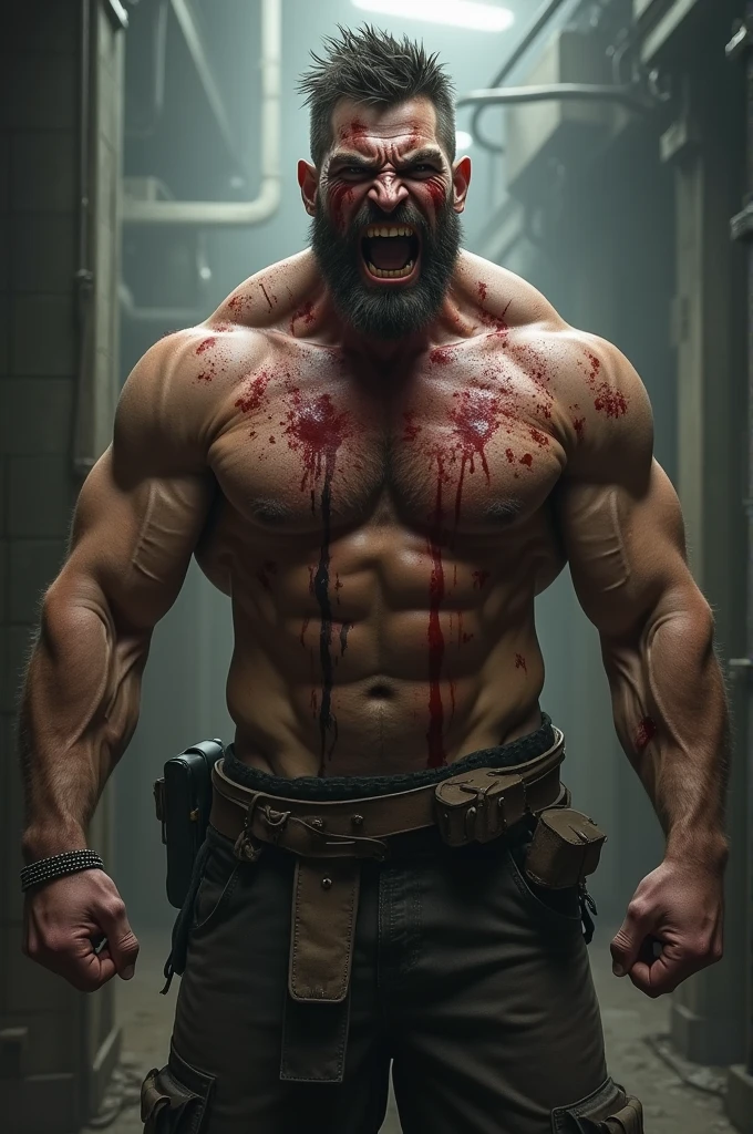 An angry man with blood and scars