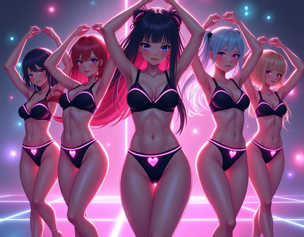 anime Illustration depicting a group of female dancers, neon, dancing, differing hair and eye colors, serious face, wearing glowing black bra with glowing lines and pink glowing elements, wearing see through miniskirt that reveals underpants, glowing pink underpants, raising one arm exposing underarm, shaking hips, boots, heart symbol on underpants, all in uniform. 