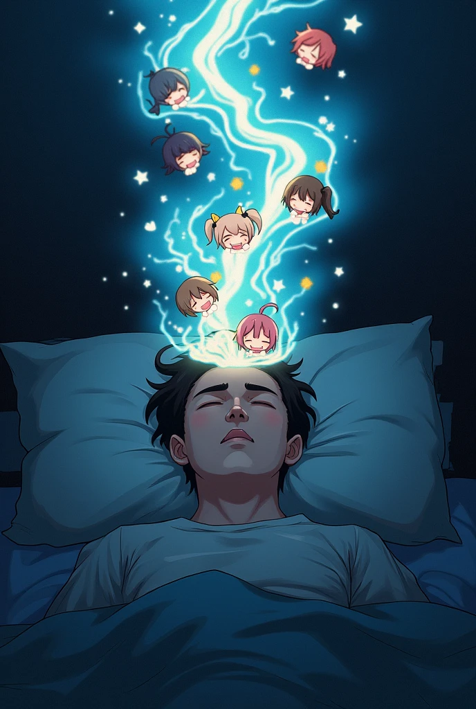 A tired-looking man is lying in the dark room with his eyes closed and in his imaginary world, with a bright haze over his head and in the haze a lot of chibi anime characters are smiling and playing around happily