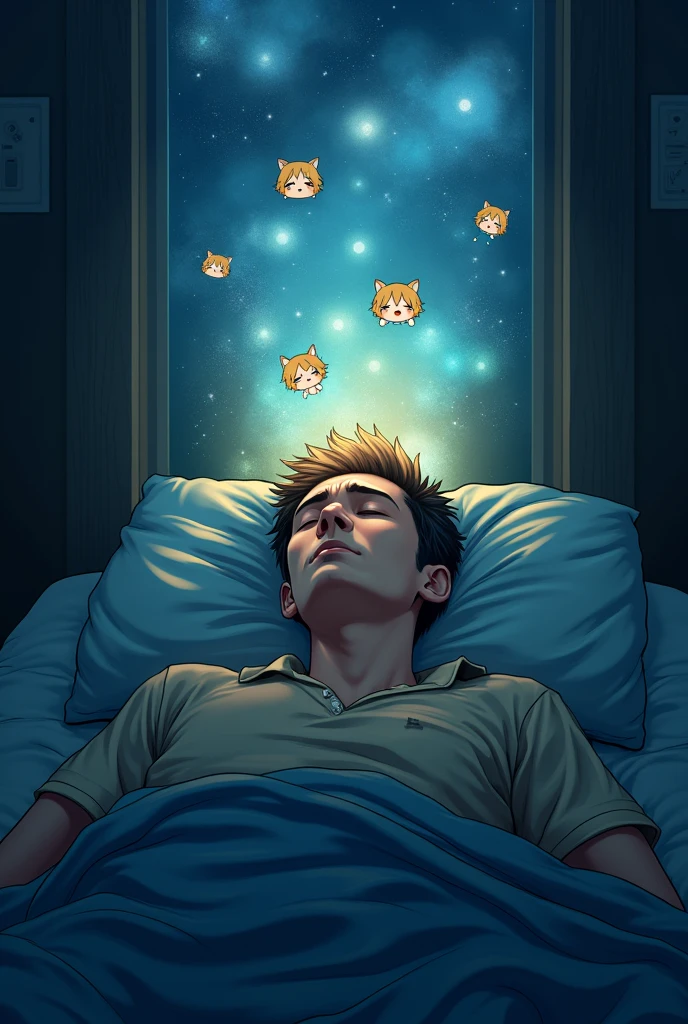 A tired-looking man is lying in the dark room with his eyes closed and in his imaginary world, with a bright haze over his head and in the haze a lot of chibi anime characters are smiling and playing around happily