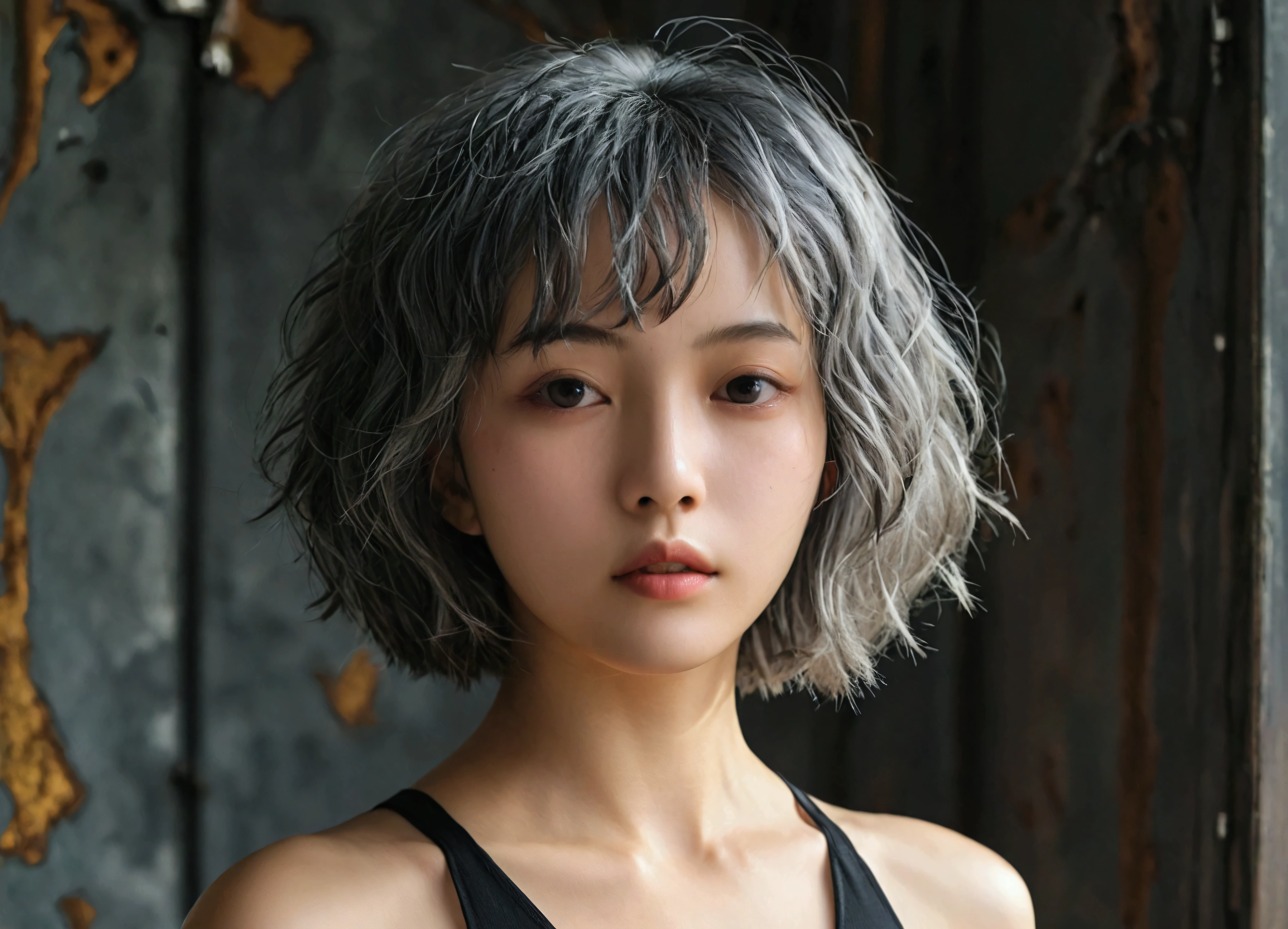 Wearing a black bodysuit、A girl with short, unkempt bob hair、Gray Hair、Put both palms forward。