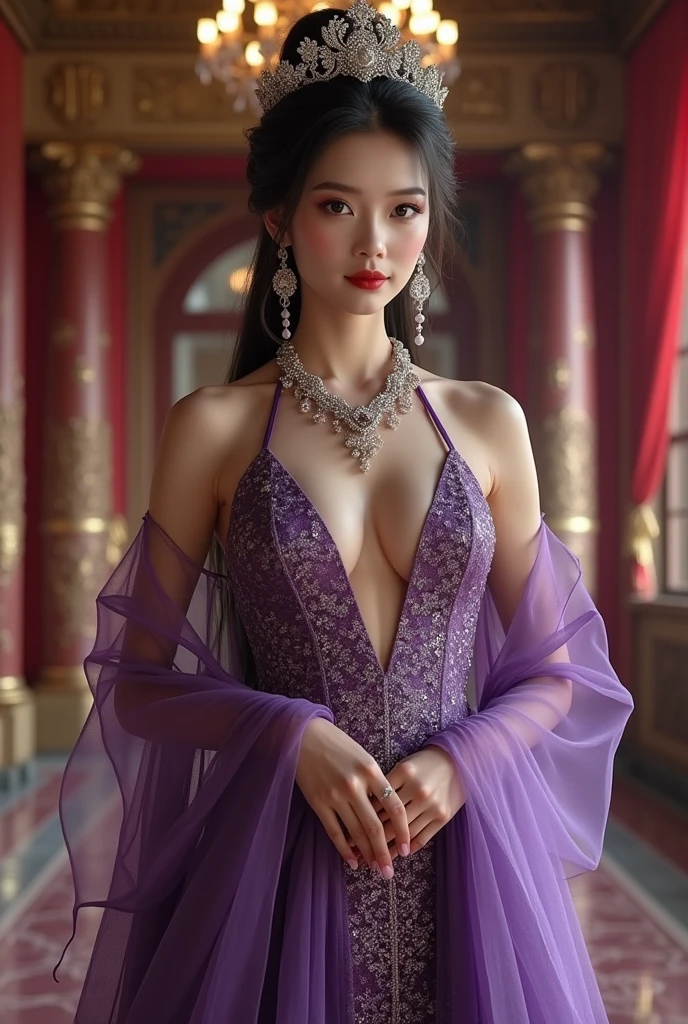 Top CG, Highest image quality, masterpiece, Gentle and beautiful girl, (185cm美女), (fit), Imperial sister, Queen temperament, White skin, ((Long legs)), Perfect facial features, Bright Eyes, Seductive pose, Red lips, Beautiful and cold (A major breakthrough)), Beautiful and heroic, Soft and long hair, sparkling, Lace, net, Visible through clear skin, wear glasses, Diamond Earrings, ruby neckLace, (Purple evening dress), 8K Image Quality, (Realistic Portraits), Characters fill the screen, (Facial lighting), ((eternal)