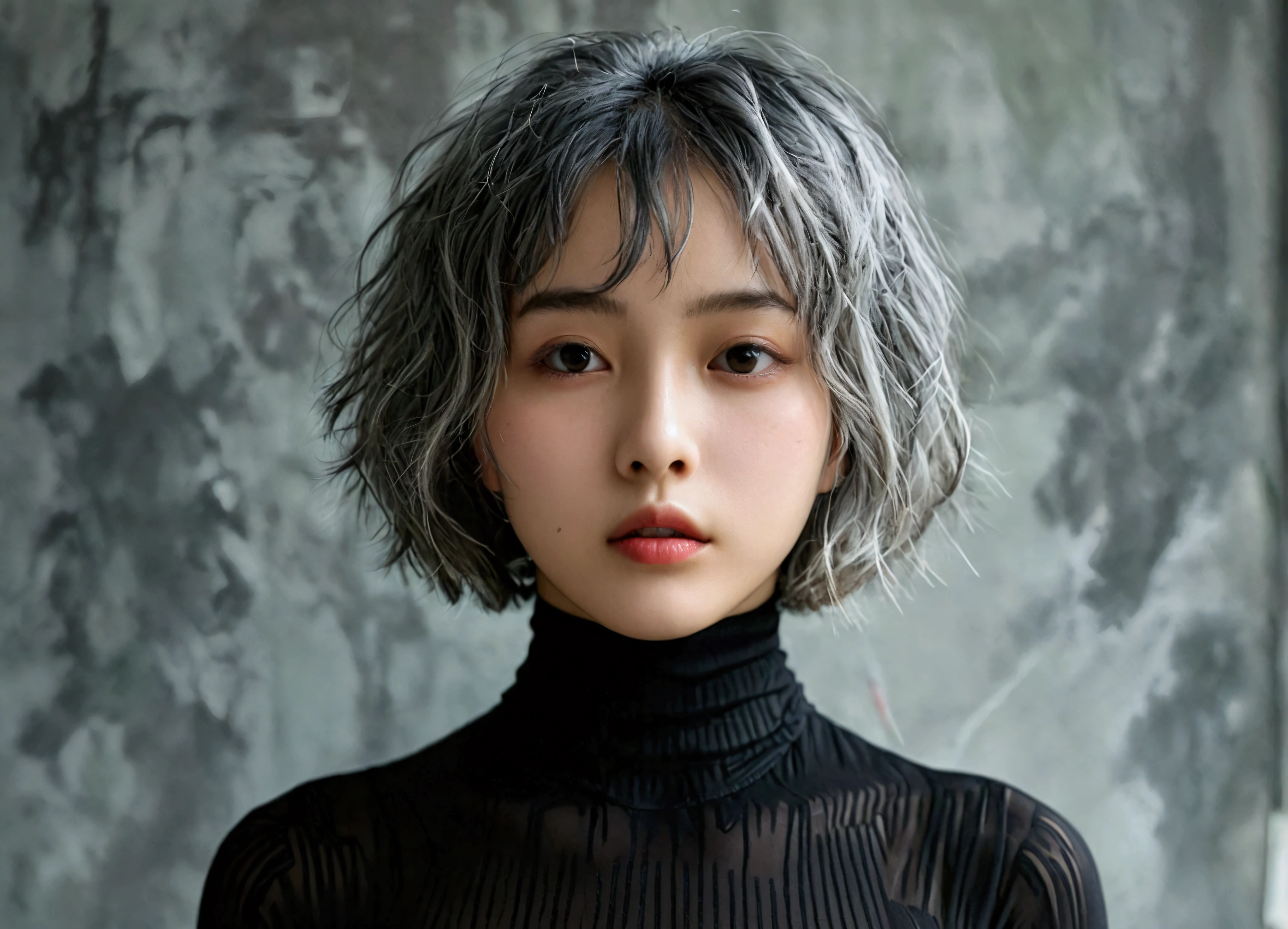 Wearing a black bodysuit、A girl with short, unkempt bob hair、Gray Hair、Put both palms forward。