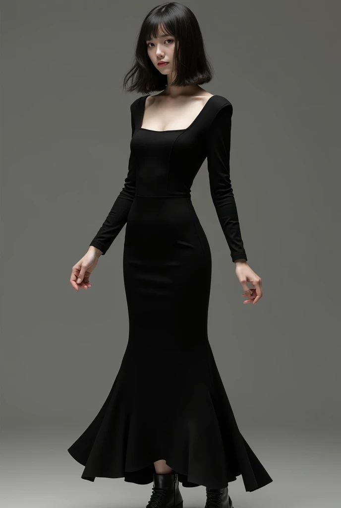 A human skinny girl with shoulder length hair wearing a complete black, thight full sleeve, square neck, ankle length, pleated long dress with black heels 