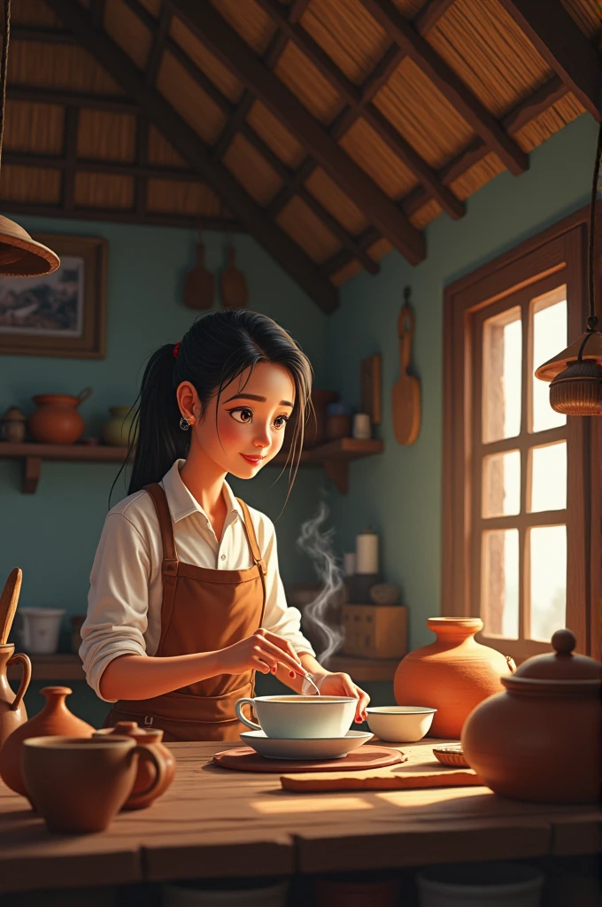 A cozy, traditional house with a thatched roof and a warm interior. Manee is seen in her kitchen, carefully preparing coffee. The kitchen is simple, with clay pots and wooden utensils. Manee’s face shows concentration and care as she stirs the coffee.