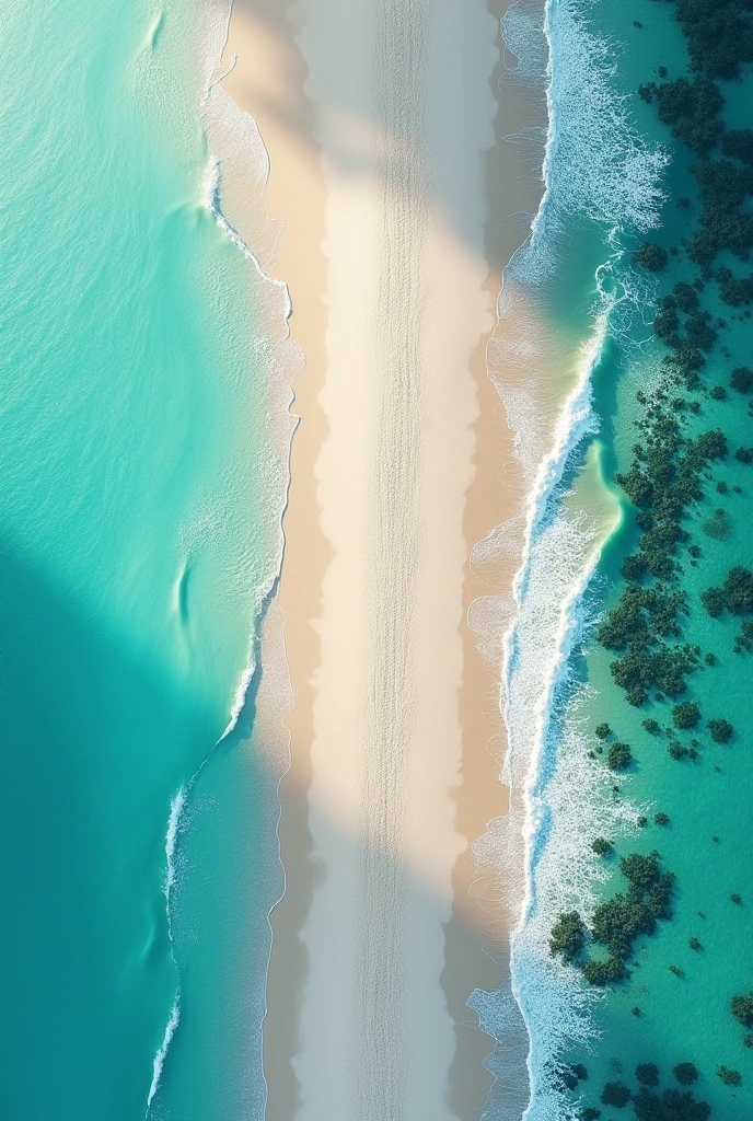 (photorealism: 1.2), shot of a beach seen from above, with turquoise and transparent water and fine sand and waves