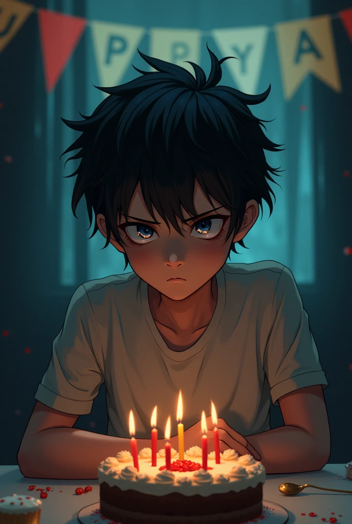 older age boy with black messy hair,of irritated expression,sitting at a birthday table,anime style,Add a macabre and dark touch