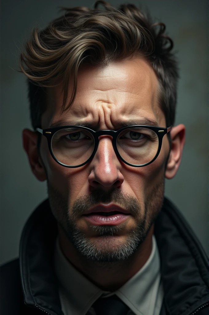 generate a potrait image of man wearing glasses struggling psychologicslly