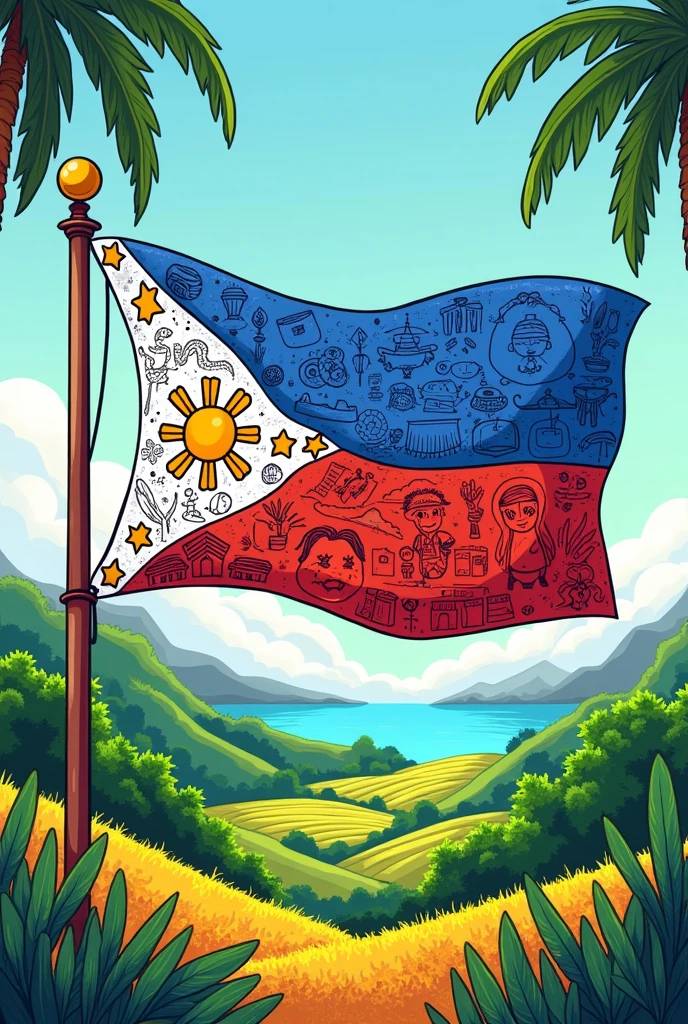 Make a doodle art philipines flag, inside of the flag have a different Filipino values. The style of drawing is landscape