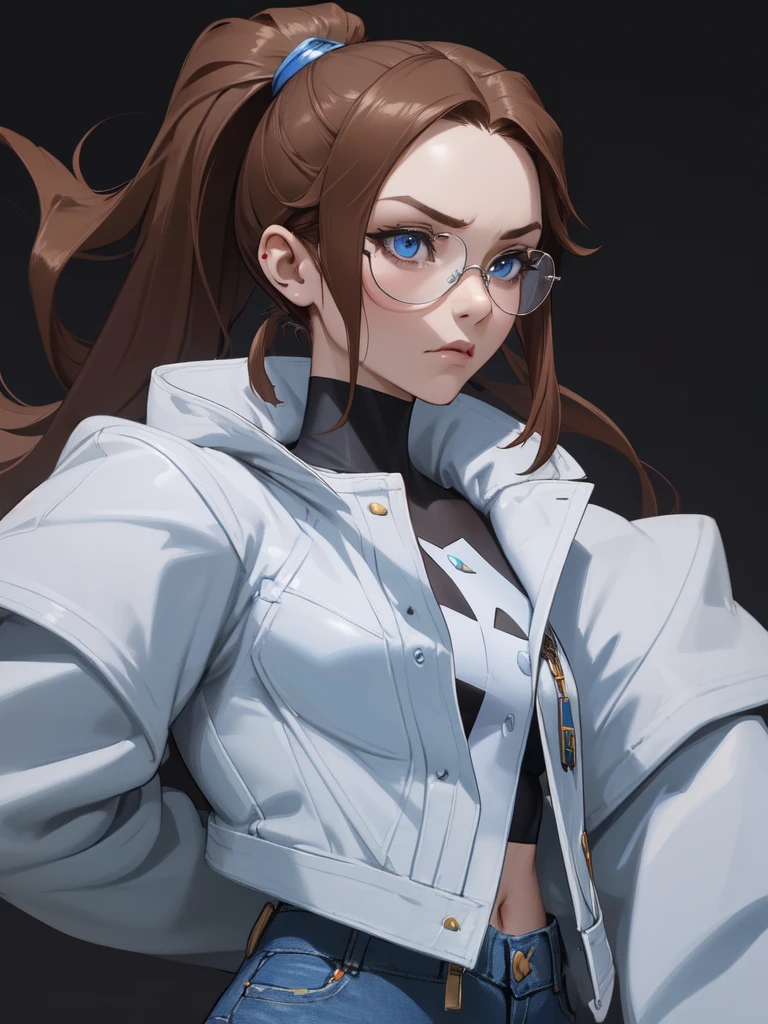 (((Portrait Photo))), She has the Appearance of a Regal and Elegant Teenager, with a Strong, Muscular Build that Commands Respect. She has Long, Straight Brown Hair Tied in a High, Oversized Ponytail, Keeping it Neat and Out of Her Face. Her Light Blue Eyes are Filled with Stormy Determination and a Hint of Fury, Giving Her a Fierce and Powerful Demeanor. Her Expression is Stern and Resolute, with a Tense Jaw and Piercing Gaze, Conveying a Sense of Heavenly Pride. (((Portrait Photo))),(((Dark Background))), (((Clear Glasses))), (((White Crop Top))), (((Very Long Open Denim Jacket)))