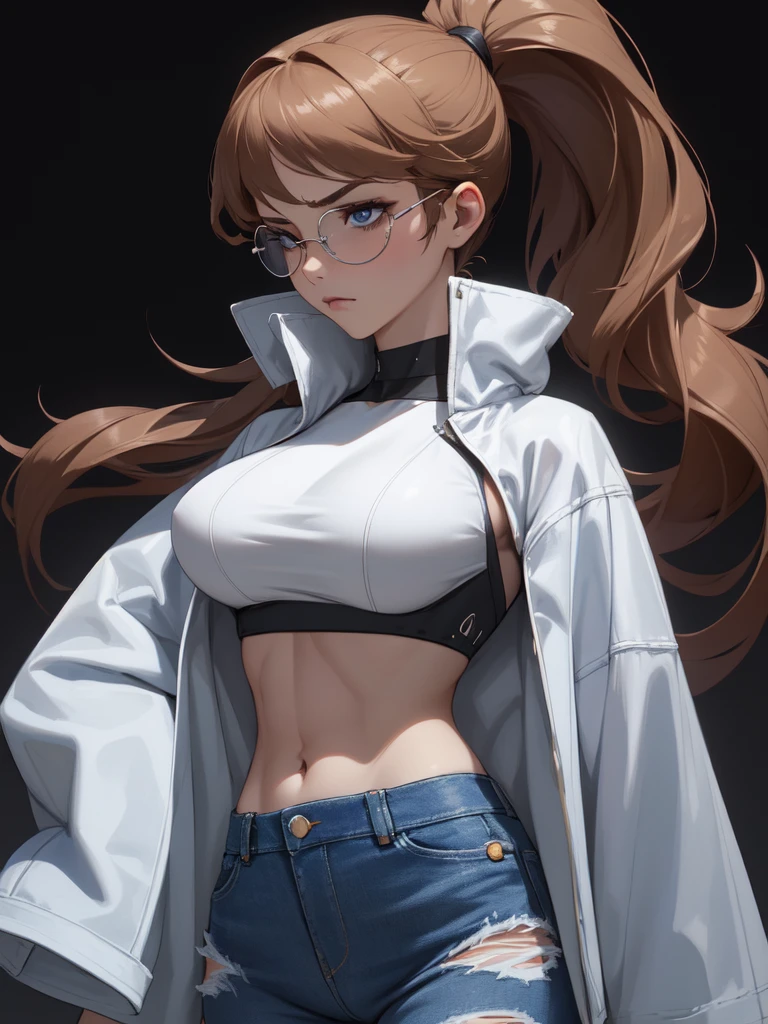 (((Portrait Photo))), She has the Appearance of a Regal and Elegant ager, with a Strong, Muscular Build that Commands Respect. She has Long, Straight Brown Hair Tied in a High, Oversized Ponytail, Keeping it Neat and Out of Her Face. Her Light Blue Eyes are Filled with Stormy Determination and a Hint of Fury, Giving Her a Fierce and Powerful Demeanor. Her Expression is Stern and Resolute, with a Tense Jaw and Piercing Gaze, Conveying a Sense of Heavenly Pride. (((Portrait Photo))),(((Dark Background))), (((Clear Glasses))), (((White Crop Top))), (((Very Long Open Denim Jacket)))