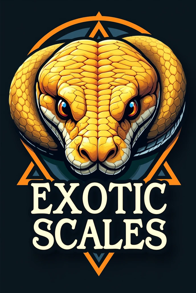 Create a logo for a snake farm using the real face of a yellow and white python with the basic elements of a python's face, The logo must have bright colors and an allusion to Freemasonry. The python snake must be characteristic and below the logo put the name. " Exotic scales"