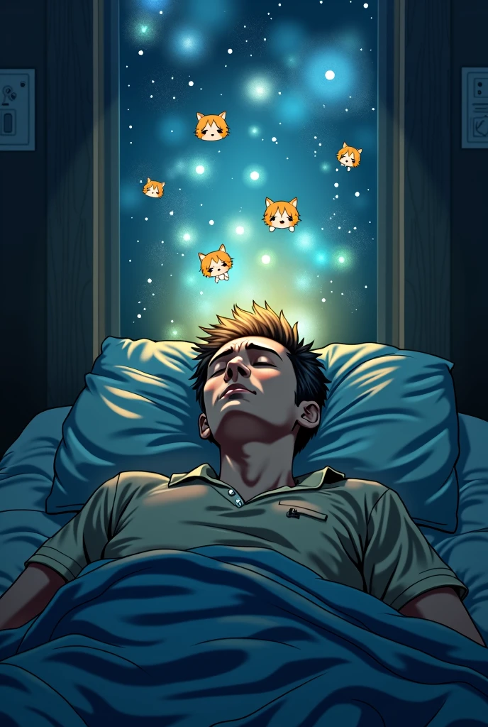 A tired-looking man is lying in the dark room with his eyes closed and in his imaginary world, with a bright haze over his head and in the haze a lot of chibi anime characters are smiling and playing around happily