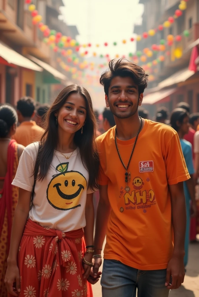 A 20 year old girl bring tshirt name komal and smile logo with 20 year old boy celebration environment and happy people celebrate krishna janmashtami vrindavan and god