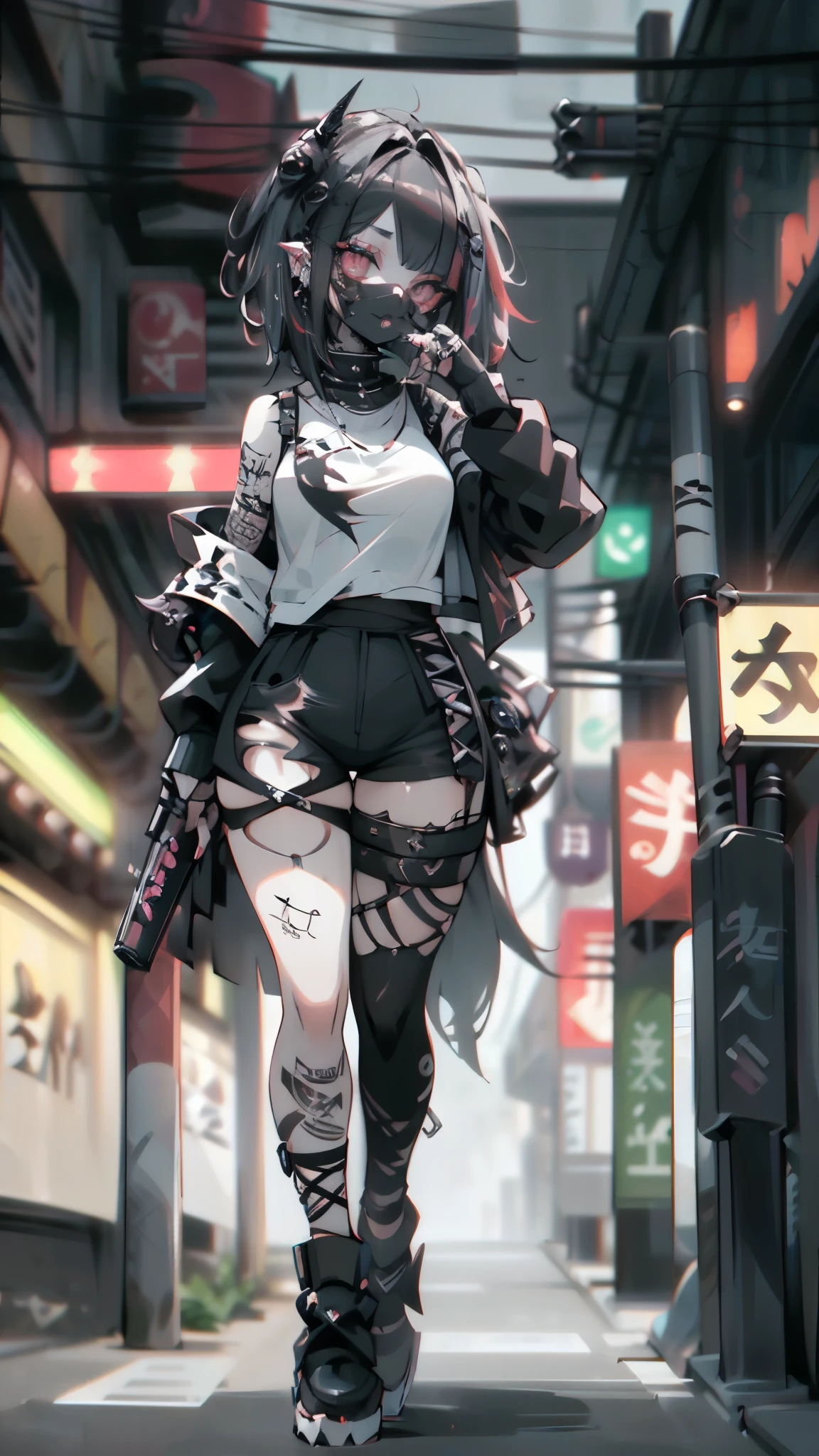 straight fadecut haired, Punk Girl, Without mohawk sleeves, The tattoo, head phone, 🎧, goth_punk, 1girl in, solo, medium shot, Walking in Harajuku, ((during night)), bokeh dof, Neon light, Iridescent eyes, gray eyes, glowing blue long hair, Black eyebrows, Radiant hair, (iridescent red hair), lots of earrings, labret, facial piercings, bangs, jewelry, masks, blunt bangs, Mouth mask, blurry background, blurry, hair adornments, Look at viewers, short hair, portraitures, side look, goth, (masterpiece), (Portrait), (Aesthetic), (Beautiful), (upper body), (High quality), (aesthetic clothings), (professional angle), (thirds rule), (Feminine), (Woman), (Female), (Beautiful), (Feminine features), (25-years old), Solo, 1 woman, (Charming punk girl), Dramatic light, ((Playing guitar)), (Standing), Edgy makeup, (huge breasts), (Front face), (Defiant expression), ((defiance)), (Leather jackets and tattoos), ((Short hair)), (dyed (E.G. and pinks) hair), (spiky hair), (Thick hair), matte Shine Hair, (Hair bands scattered in the hair), (gray eyes), (Bold and bold look), (pale skin), (Dark clothes), (Band T-shirt), (Ripped jeans), (-), crew neckline), ((Urban alley background)), (up close shot), Beautiful hands, Two hands, normal hands, Two arms, complete hands, Beautiful body, Beautiful fingers, normal fingers, Five Fingers, Five Fingers, (Thumb index finger ring finger), Beautiful ears, normal ears, Beautiful eyes, shiny eyes, Beautiful mouth, Beautiful lips, tatoos, black gloves,open legs