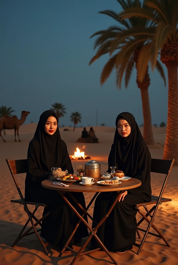 professional portrait, two 3 asian women, wearing black hijab, sitting on folding chairs, folding table, lots of food and coffee, desert background, date palms, sitting camels, small campfire at night