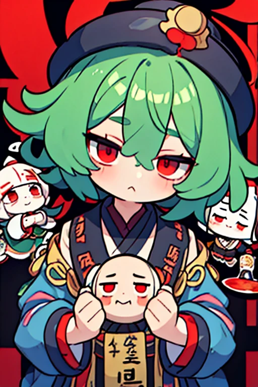 (((Jiangshi)))、masterpiece、Green Hair、Whites of the eyes are black、extra short hair、forehead、Banknotes on the forehead、flipped hair、messy hair、choppy hair、very short hair、((Paint the whites of the eyes black))、Red eyes、Inverted Eyes、Black and white eyes、((juvenile))、man、Long Tongue、Cute deformed、Center part、Pointy、whole body、4 heads、Compact size、Abstract art、Chibi character、Green muscle、((((red eyes))))