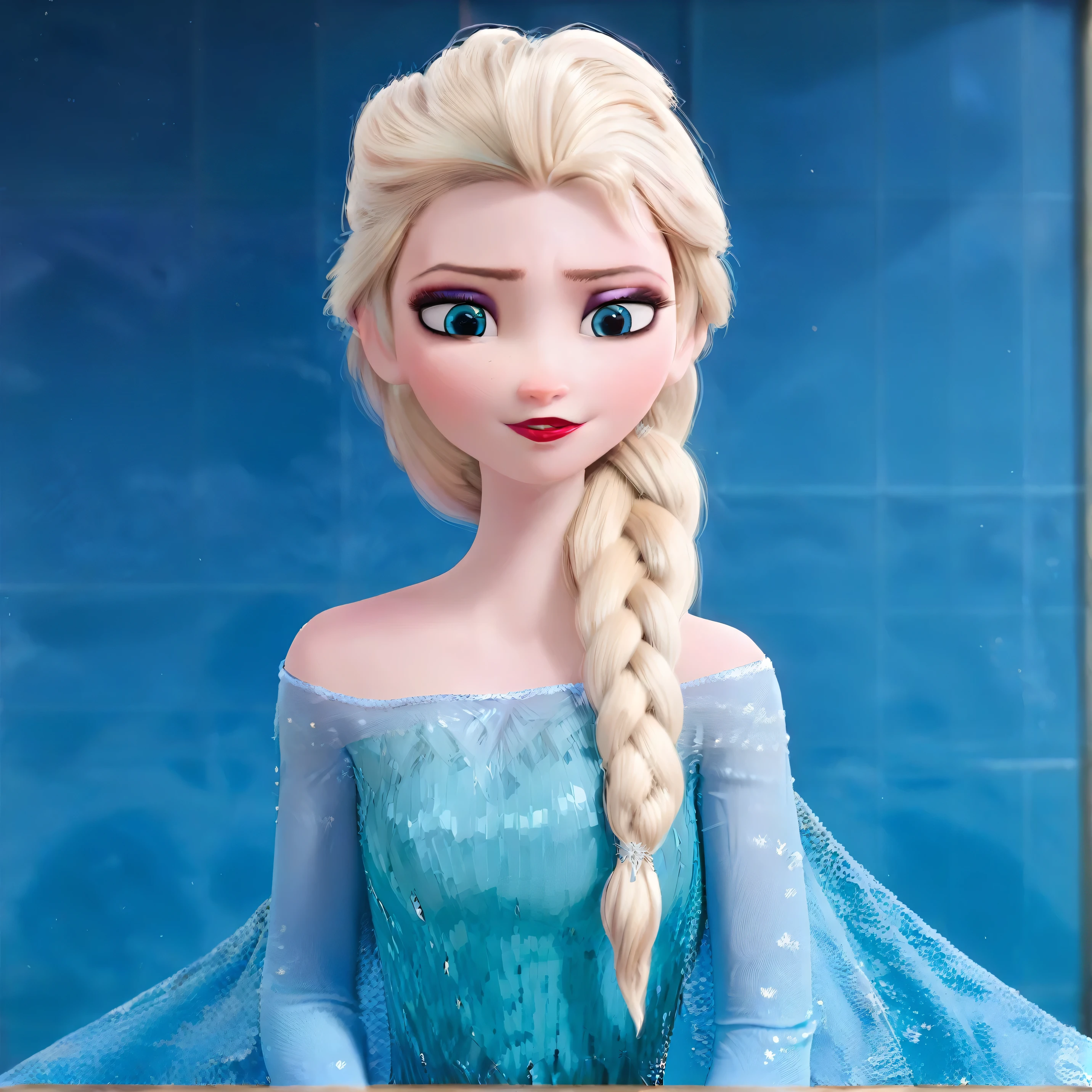 elsa33, 1girl, long hair, blue eyes, blonde hair, dress, bare shoulders, braid, blue dress, blue cape, long sleeve, hair over shoulder, red lips, eyelashes, eyeshadow, makeup, frozen \(disney\), anime screencap,