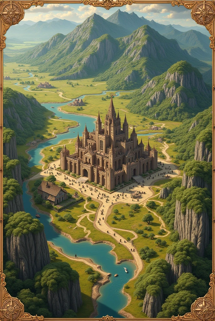 medieval map, Top down, The capital city in the center of the map, A large field, mountain range, iron mine, forest, rice ,food, No ui