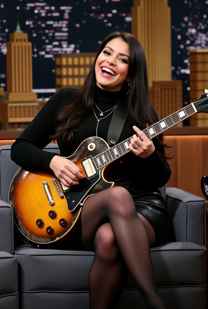She is a 40-year-old very beautiful and glamorous white famous rock star who appears on a popular variety talk show.、She answers the questions from the male host with a big laugh、『The Tonight Show』,Saggy super big、super realistic mature's slender body and skin,glamorous sexy figure milf,A thin, tight turtleneck sweater、Black leather tight skirt、Black Stockings、Low Pumps、Discreet necklace、plump full body neat milf,super realistic mature's body and skin,very huge sagging tits,She has a dark brunette straight long hair,A full body image of her sitting on a single-seater sofa.、A man in a suit, likely a host, is briefly visible in the background、You can see the entire studio set.、Coffee Mugs、Overacting to express something、She sits cross-legged and giggles as she plays her black Gibson Les Paul, with its tattered, peeling paint.、The tips of the nipples are protruding from the knitted、