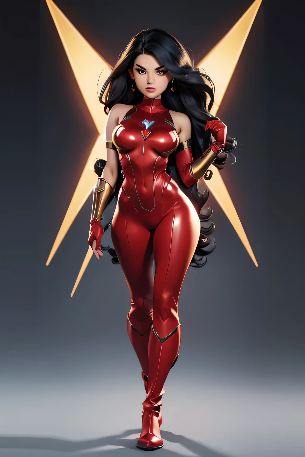 no background, full body shot, superheroine, named crimson bullet,she wears a form-fitting red bodysuit that accentuates her athletic figure. The bodysuit has gold accents, a star emblem on the chest, and intricate designs on the shoulders, hips, and thighs. The suit's material has a metallic sheen that reflects the surrounding light, emphasizing the futuristic theme. Her hair is shiny black and very long has well-groomed waves. She wears long red metallic gloves and matching thigh-high boots, both decorated with gold trim. A futuristic gauntlet is worn on her right arm