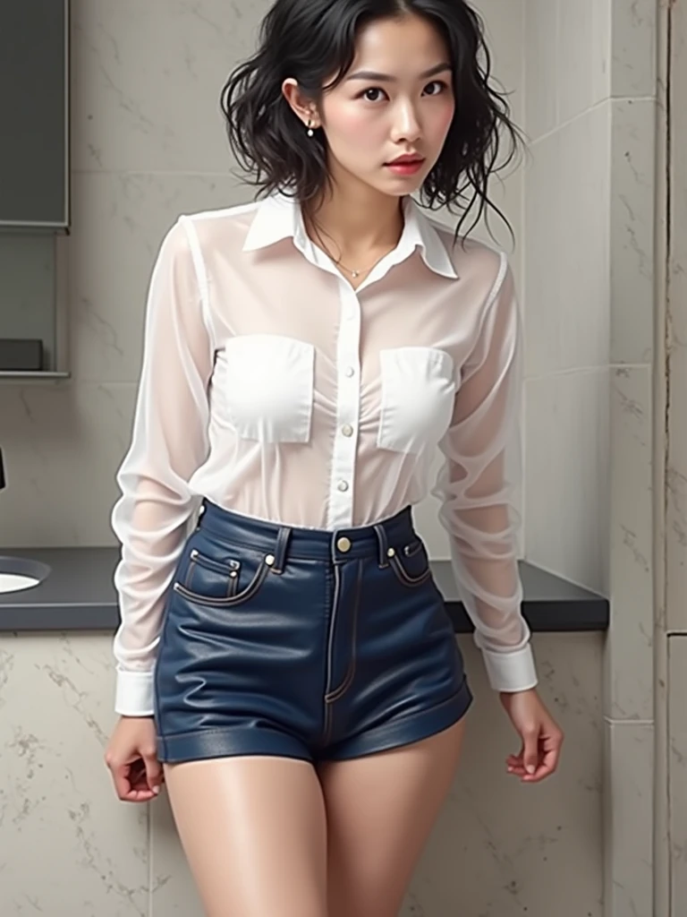 Make the shirt more transparent、Soaking wet、Wet shirt sticks to skin、Soaking wetの髪