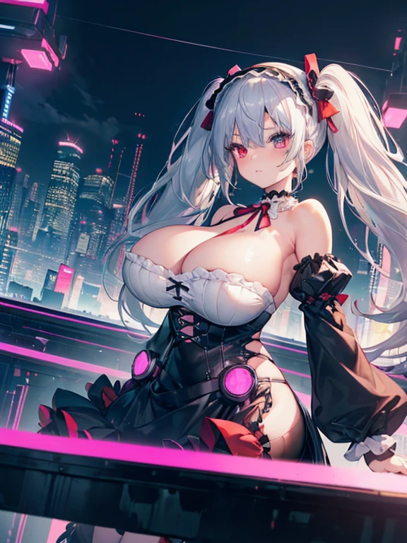 ((1girl)),(panoramic scene,very wide shot:1.8),Very detailed,High resolution,4K,8k,masterpiece,High resolution,((Anatomically correct number of limbs),(Anatomically correct number of fingers)), ((silver hair, twintails), (gothic ta,),(heterochromia), hairband, red ribbon,black choker, bare shoulders, red dress, red bow, detached sleeves),(shiny),((big breasts),beautiful breasts,curvy),(Late Night,Cyberpunk cityscape,Vibrant neon glow)