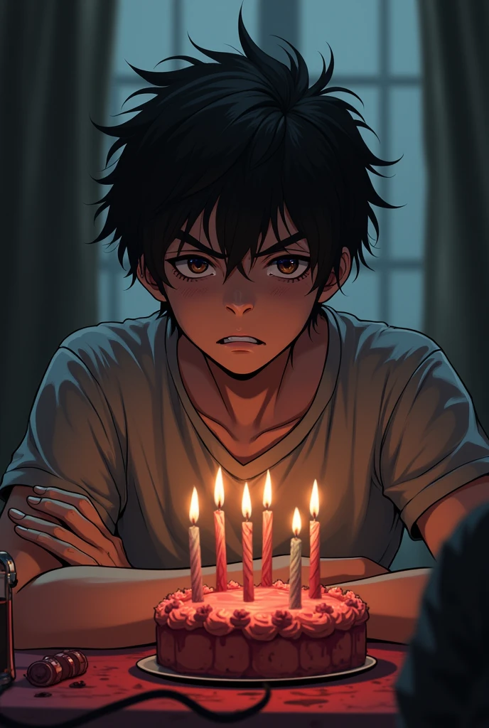 boy with black messy hair,of irritated expression,sitting at a birthday table,anime style,Add a macabre and dark touch