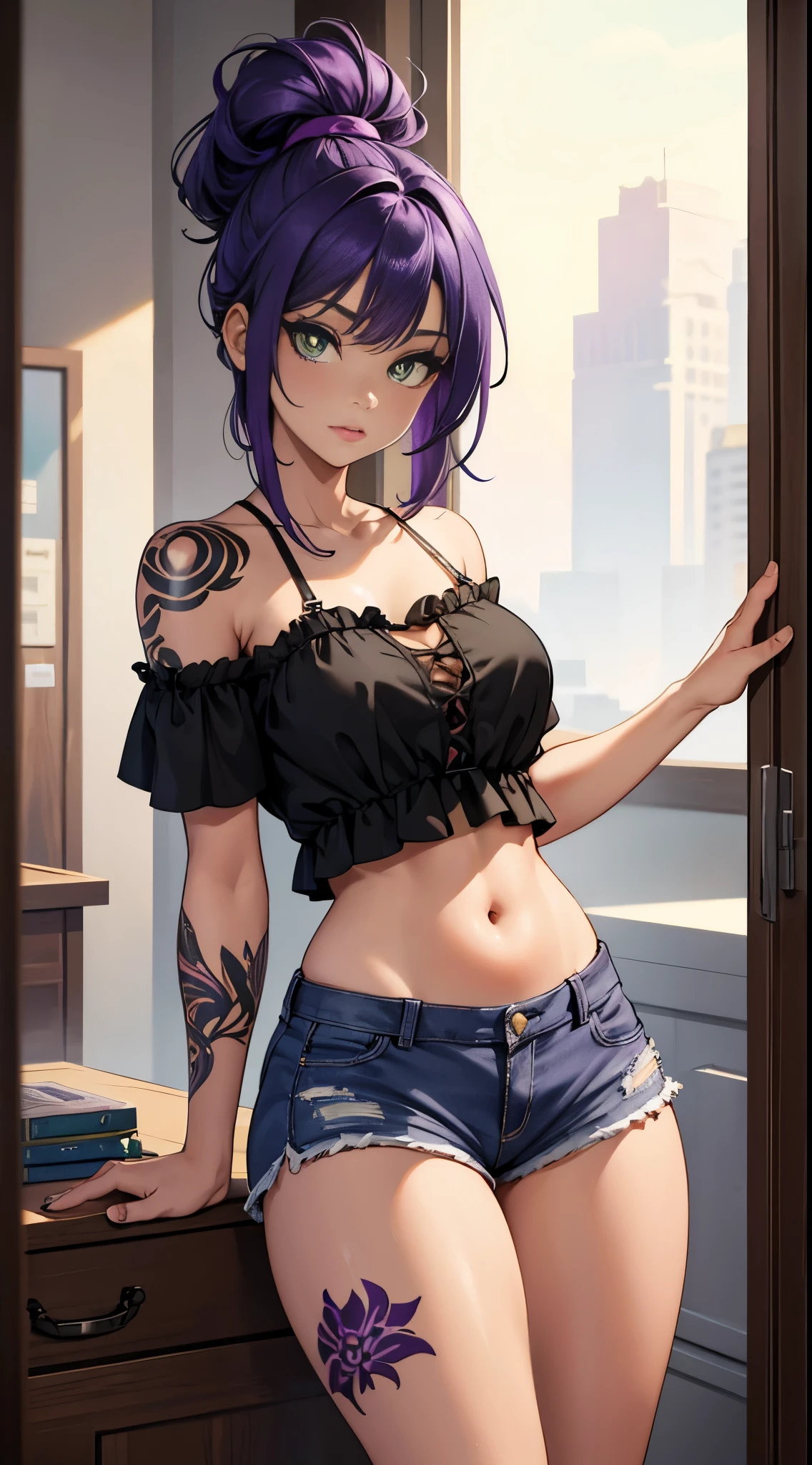 Beautiful black girl, had green eyes, Purple Hair, He has several tattoos all over his body., Wearing shorts, The outline of her thighs is clearly visible, Wearing a short blouse, Show me your belly