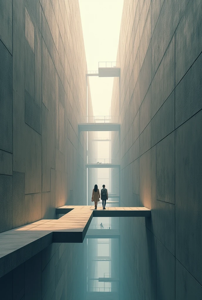 Straight walkway,The bottom is very high,Two women walking in it,At the end you will build other cubes and platforms