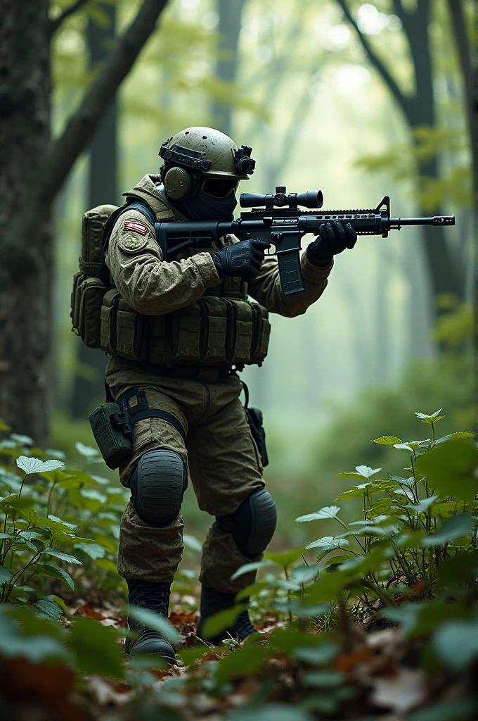 Soldier with awm standing in dens forest
