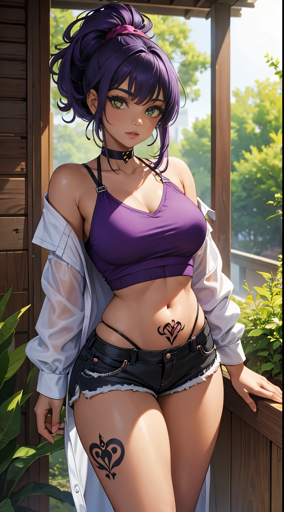 Beautiful Caucasian Girl, Blue Eyed, Purple Hair, He has several tattoos all over his body., Wearing shorts, The outline of her thighs is clearly visible, Wearing a short blouse, Show me your belly,Sex Appeal