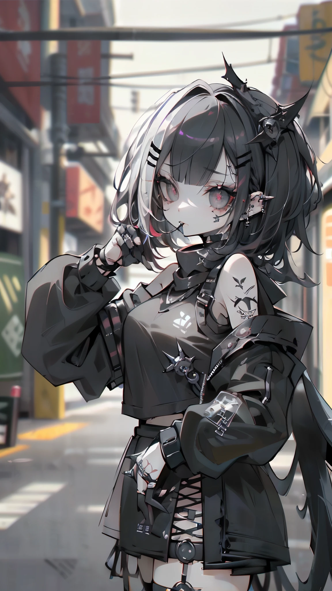 straight fadecut haired, Punk Girl, Without mohawk sleeves, The tattoo, head phone, 🎧, goth_punk, 1girl in, solo, medium shot, Walking in Harajuku, ((during night)), bokeh dof, Neon light, Iridescent eyes, gray eyes, glowing blue long hair, Black eyebrows, Radiant hair, (iridescent red hair), lots of earrings, labret, facial piercings, bangs, jewelry, masks, blunt bangs, Mouth mask, blurry background, blurry, hair adornments, Look at viewers, short hair, portraitures, side look, goth, (masterpiece), (Portrait), (Aesthetic), (Beautiful), (upper body), (High quality), (aesthetic clothings), (professional angle), (thirds rule), (Feminine), (Woman), (Female), (Beautiful), (Feminine features), (25-years old), Solo, 1 woman, (Charming punk girl), Dramatic light, ((Playing guitar)), (Standing), Edgy makeup, (huge breasts), (Front face), (Defiant expression), ((defiance)), (Leather jackets and tattoos), ((Short hair)), (dyed (E.G. and pinks) hair), (spiky hair), (Thick hair), matte Shine Hair, (Hair bands scattered in the hair), (gray eyes), (Bold and bold look), (pale skin), (Dark clothes), (Band T-shirt), (Ripped jeans), (-), crew neckline), ((Urban alley background)), (up close shot), Beautiful hands, Two hands, normal hands, Two arms, complete hands, Beautiful body, Beautiful fingers, normal fingers, Five Fingers, Five Fingers, (Thumb index finger ring finger), Beautiful ears, normal ears, Beautiful eyes, shiny eyes, Beautiful mouth, Beautiful lips, tatoos, black gloves,open legs