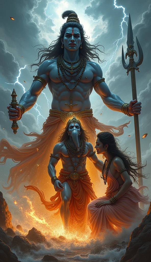 “Shiva’s Anger”: Lord Shiva cutting off Ganesh’s head in anger, with a dramatic display of emotion, and Devi Parvati crying in the background.